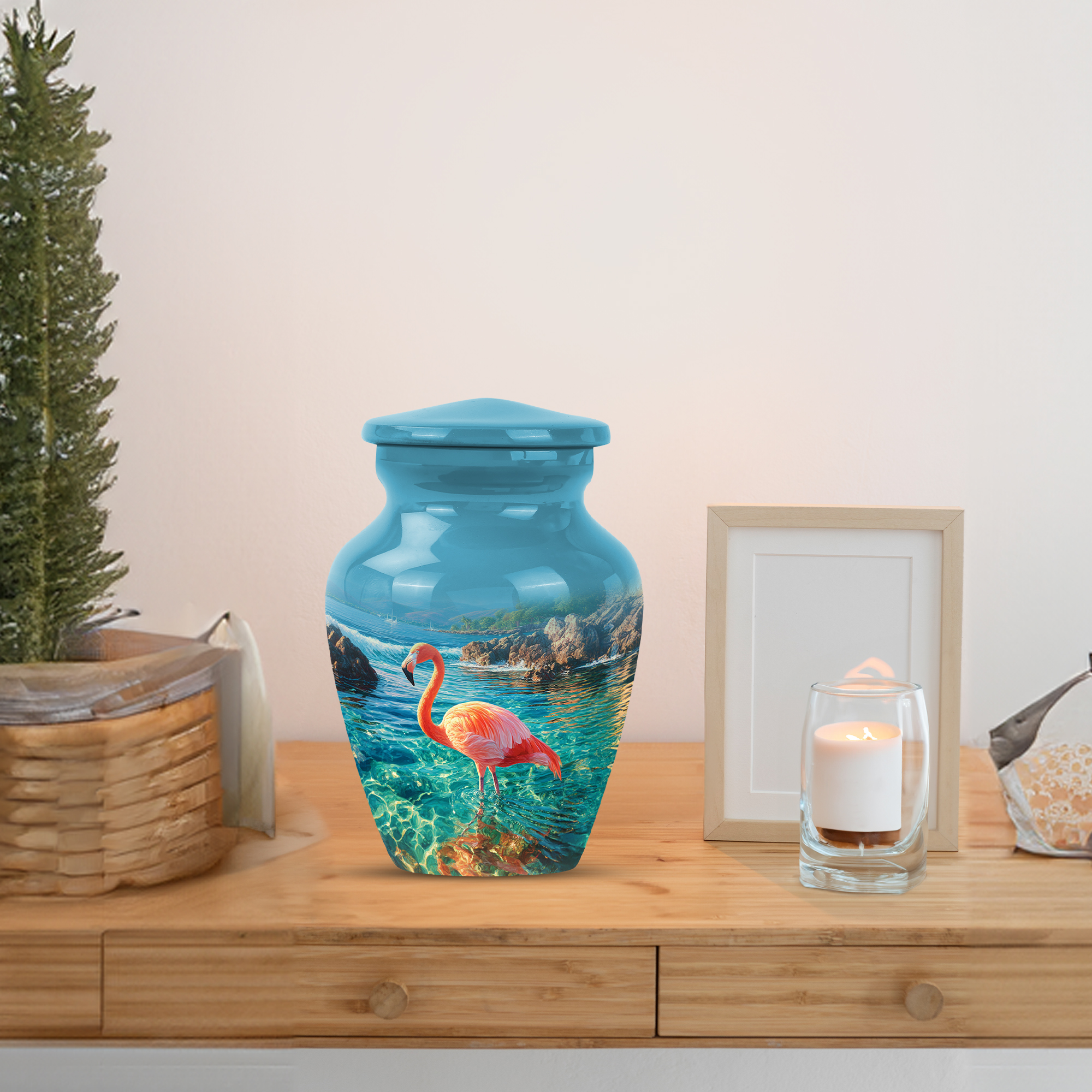 MUKTIVE Orange Flamingo Decorative Urn for Ashes Adult Mother & Father, Keepsake Memorial Urns for Women Ashes, Ocean Blue Urns for Funeral, Cremation Urn for Adult Male (3 Inch)