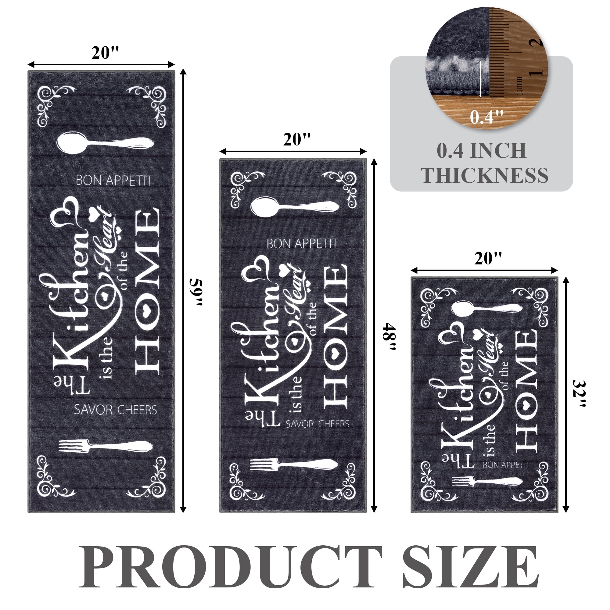 MeyJey Farmhouse Kitchen Rug Set, 3 Piece Non-Slip Kitchen Mat Machine Washable Runner Rug for Home Floor and Living Room, Black/White