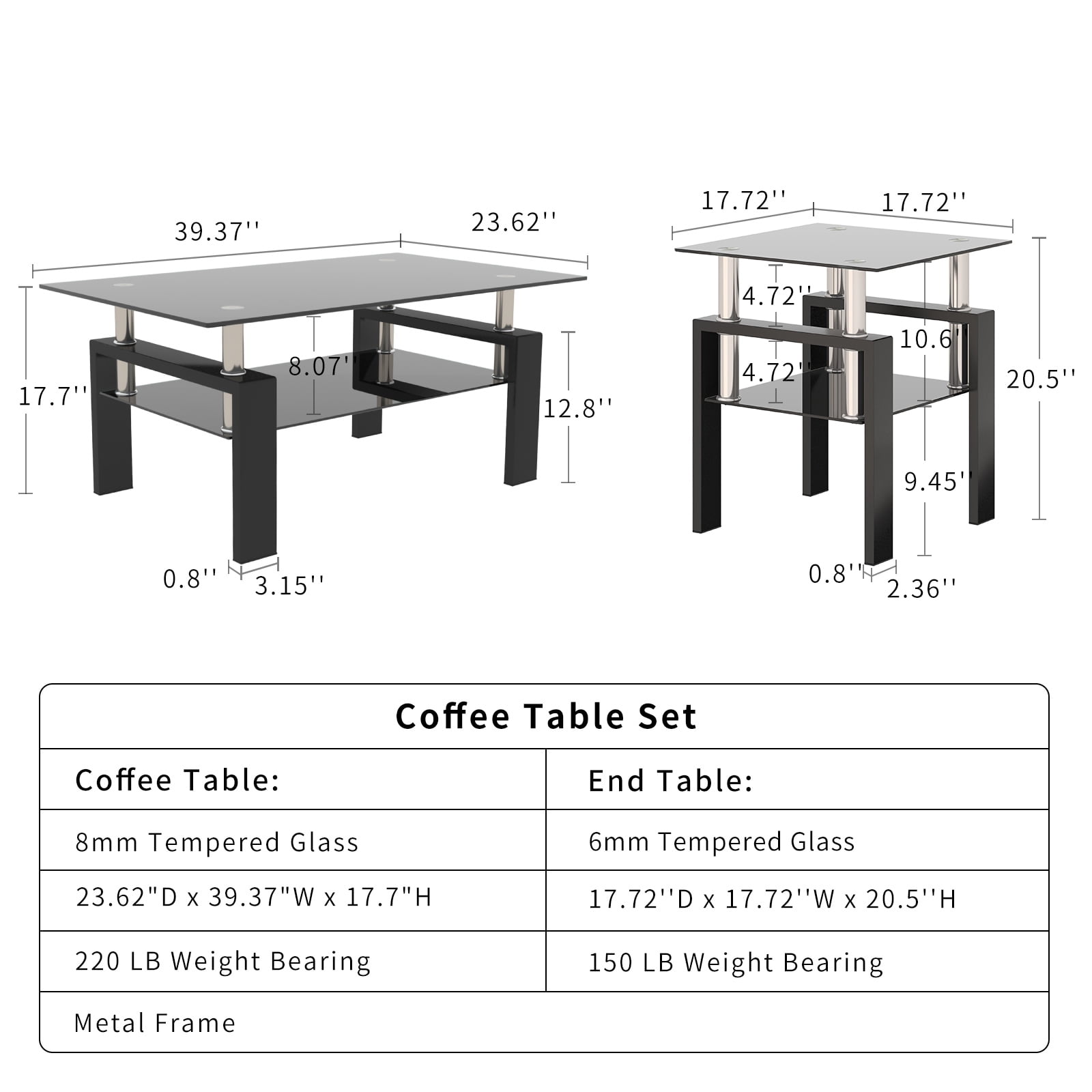 Black Glass End Tables, Small Glass Top End Table, Black Side Table, Square Shape, Tempered Glass Top, Metal Frame, for Living Room Bedroom (All Black, 1Pcs End Table)