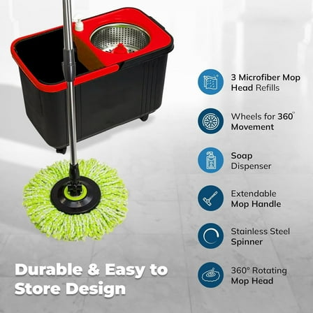 360° Spin Mop and Bucket with Wringer – 3 High-Absorbent Microfiber Washable Heads, Soap Dispenser – Spinning Mop and Bucket Set for All Types Floor Cleaning