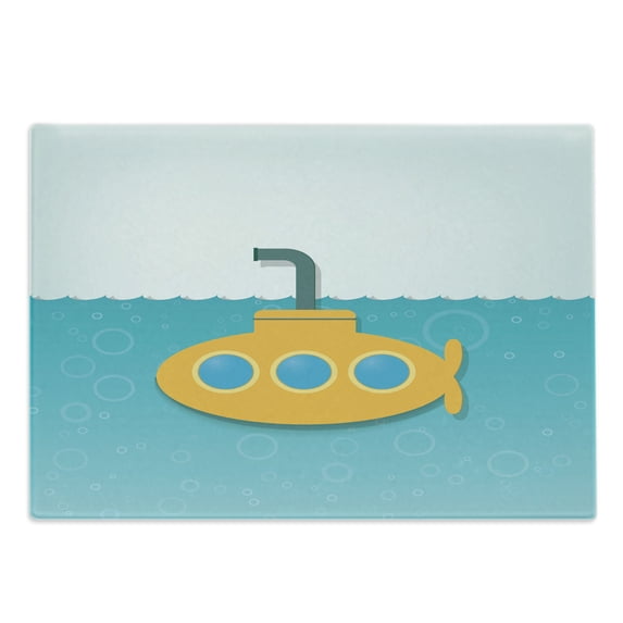 Yellow Submarine Cutting Board, Illustration of Submarine with Bubbles Below the Sea Pattern, Decorative Tempered Glass Cutting and Serving Board, Large Size, Earth Yellow Pale Blue, by Ambesonne