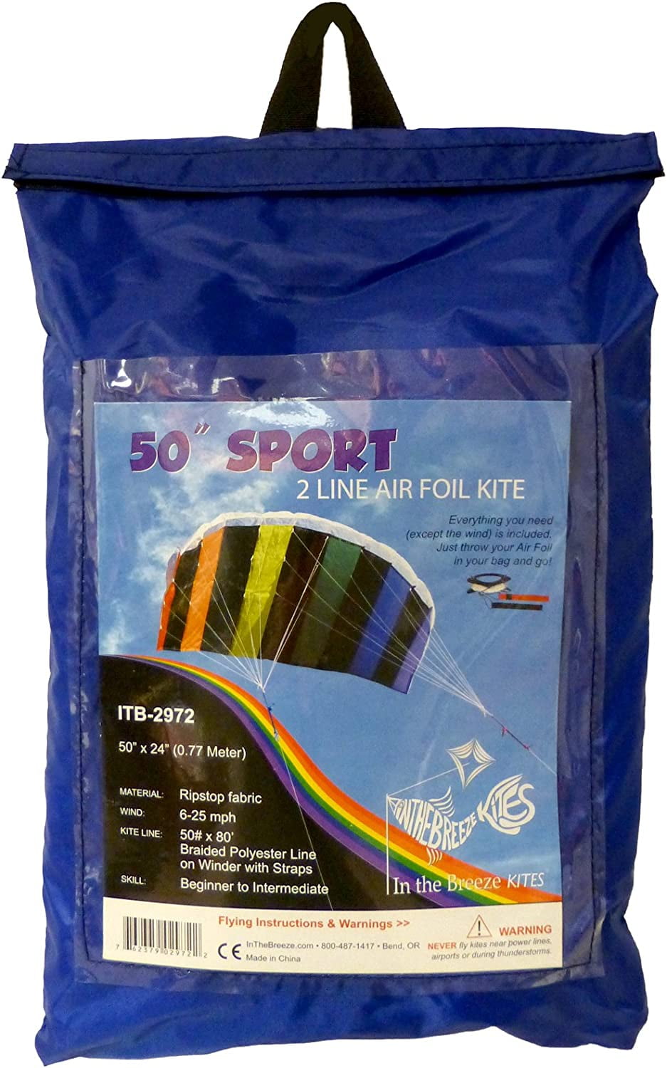 In the Breeze 2972 — Rainbow 50 Inch Sport Kite - Dual Line Stunt Parafoil - Includes Kite Line and Bag
