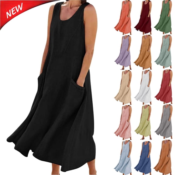 Tqyyweavej Women 's Linen Summer Dresses Flowy Casual Sleeveless Midi Dress Solid Color Crew Neck Dress with Pockets Size S to 2XL