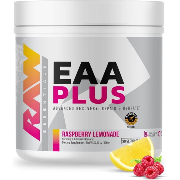 RAW Nutrition EAA Plus Pre-Workout Powder, Recovery & Lean Muscle Growth, Raspberry Lemonade, 30 Servings