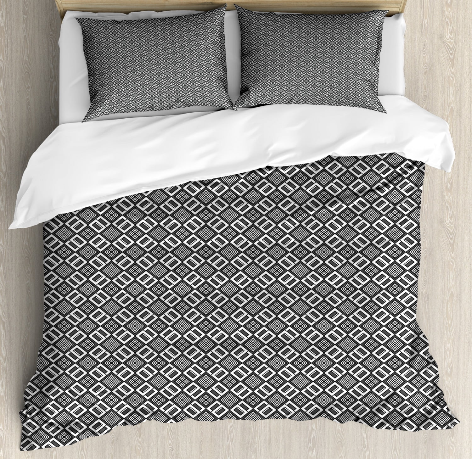 Art Deco King Size Duvet Cover Set, Vintage Checker Design Inspired