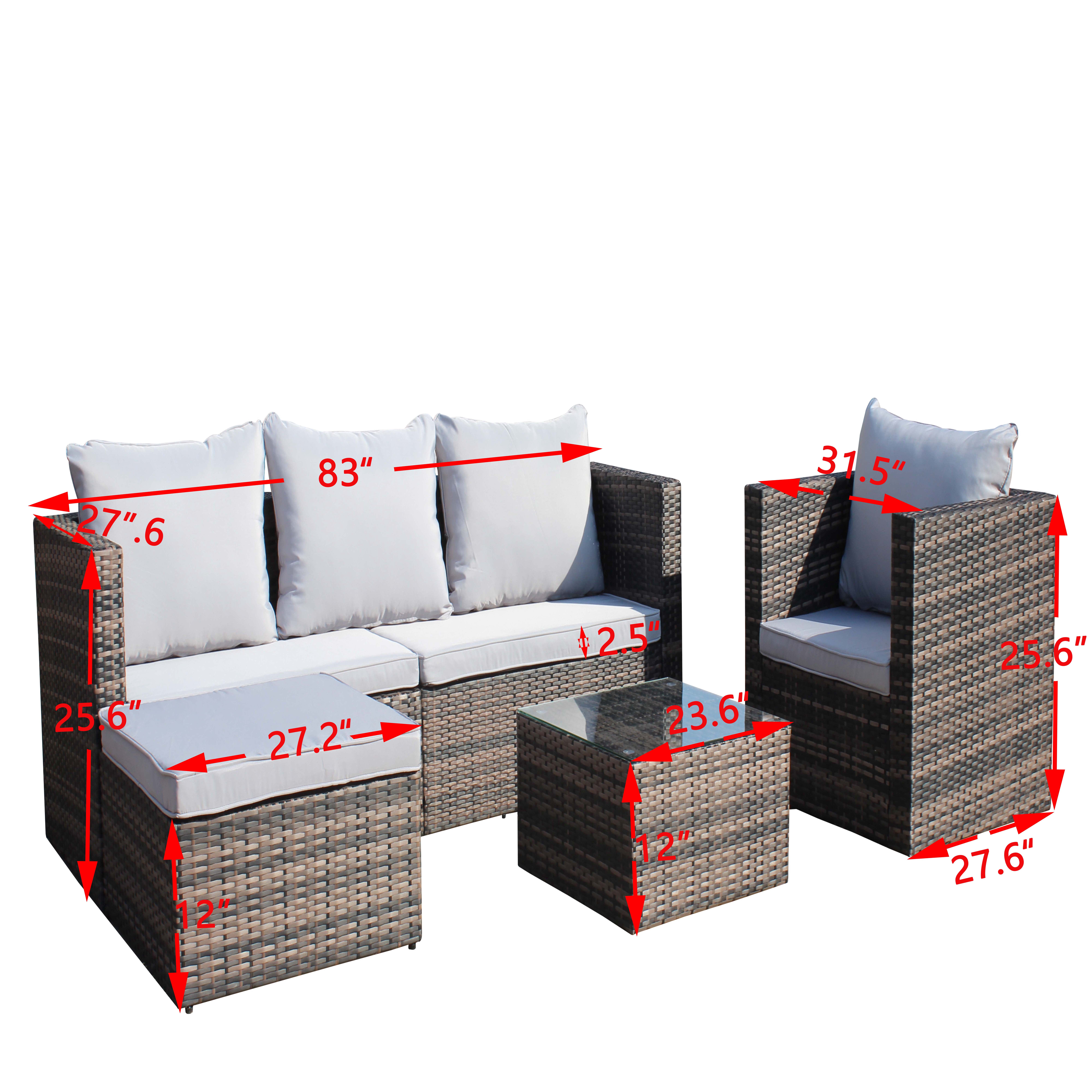 Rattan Patio Sofa Set, 4 Pieces Outdoor Sectional Furniture Set, All-Weather PE Rattan Wicker Patio Conversation Set, Cushioned Sofa Set with Glass Table for Patio Garden Poolside Deck
