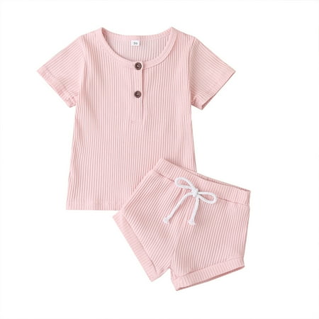 

Fanvereka Knitted Outfits Infant Short Baby Girls Boys Sleeve T-Shirt Top Solid Color Shorts Summer Outfits