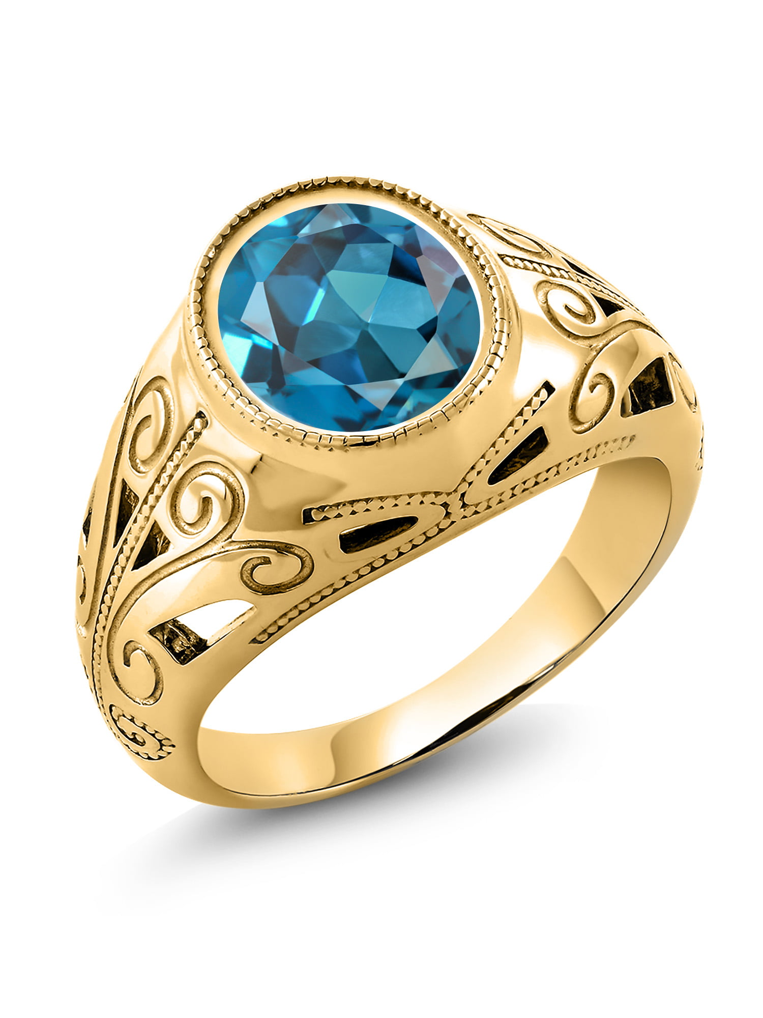 Gem Stone King 6.00 Ct Oval London Blue Topaz 18K Yellow Gold Plated Silver Men's Ring