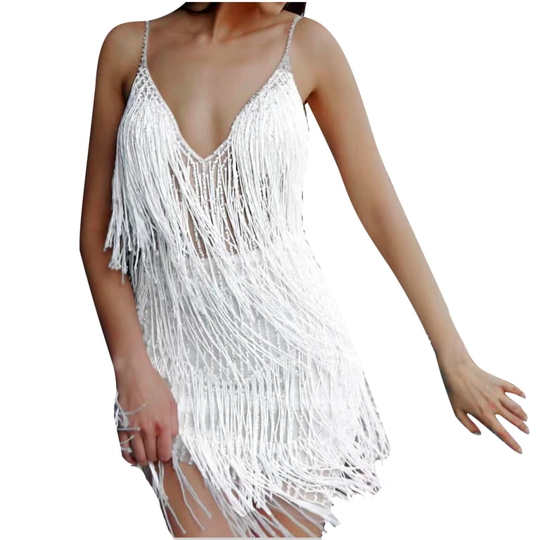 Mrat Women Sequins Tassel Hem Latin Dance Dress Leotard Rumba Jazz Dance  Dresses Dancewear Dress Party Night Sequin Fringe Dress Sparkly Sleeveless  Mini Tassel Dress White XL - Walmart.com