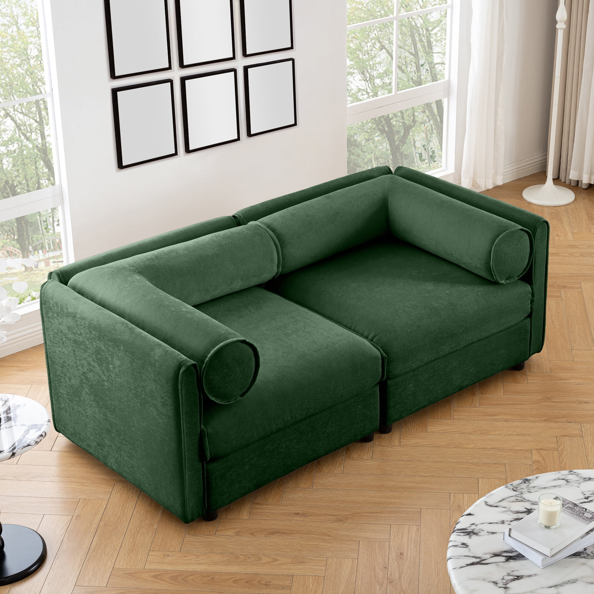 Gewnee Stylish 75.5" Deep Seat Green Chenille 2-Seaters Sofa Couch with Storage Seat, Cylindrical Backrest and Armrests, Modern FabricLoveseat Featuring Hidden Storage Space