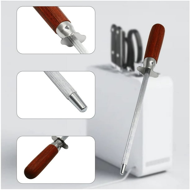 Afilador de acero de 11,6 pulgadas, afilador de cuchillos de doble cara de acero inoxidable, mango de madera, afilador de plata, utensilios de cocina para hogares, restaurantes y hoteles