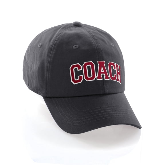 Sports Team Coach Baseball Hat Layered Arch Letters Unstructured Low Profile Cap, Grey Hat Whtie Red Letters
