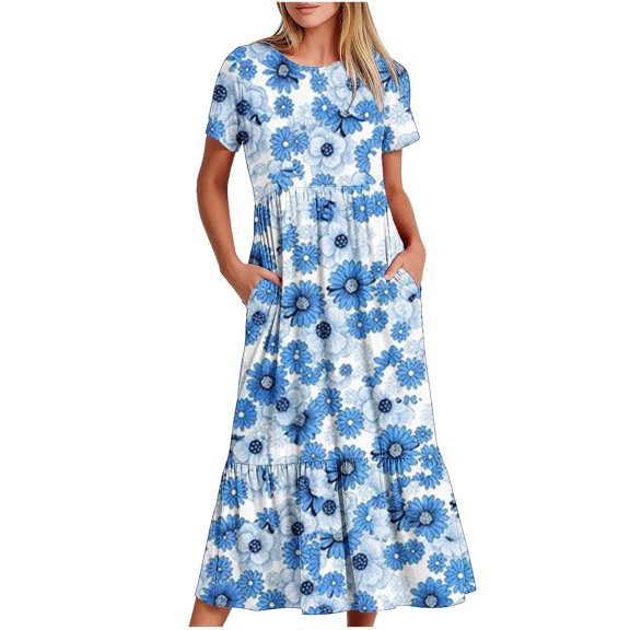 Penkiiy Women Floral Print Short Sleeve Dress Loose Plain Casual Summer Flowy Tiered Long Maxi Dresses with Pockets S Light Blue