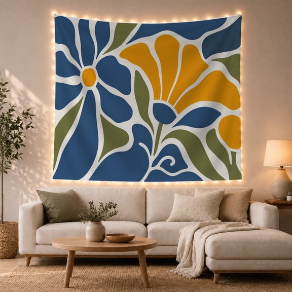 Oversized Blue and Yellow Floral Art Against Warm-White Lines, Whimsical Retro for Flower Lovers, Modern Botanical Wall Decor, Housewarming Gift Tapestry Wall Hanging for Bedroom and Living Room