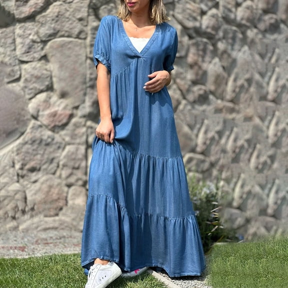 Womens Fashion Casual Summer Short Sleeve V Neck Solid Color Swing Dress Casual Soft Dresses plus Size Summer Dresses for Women Dress Woman Women Dresses Casual Neck Maxi Dress Womens Midi Dresses