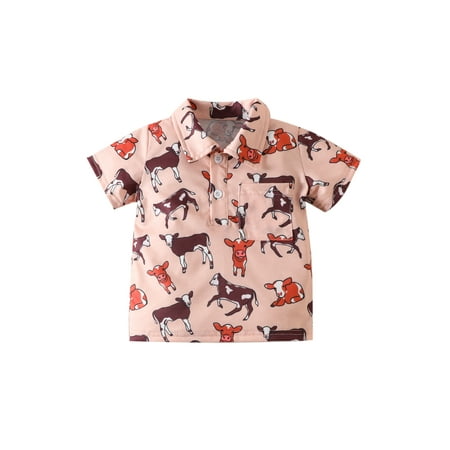 

AmShibel Toddler Baby Boys Western Shirts Summer Short Sleeve Cow/Bull Head Print Button Down Shirts