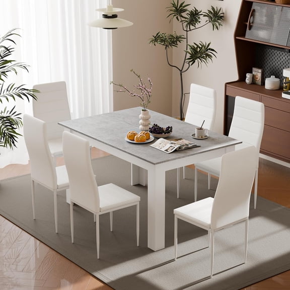 GlowPlume Dining Table Set for 6, 7 Pieces with High Back Faux Leather Chairs | 7 Pieces Kitchen Table Set with High Back Faux Leather Chair, Grey Table and White Chairs