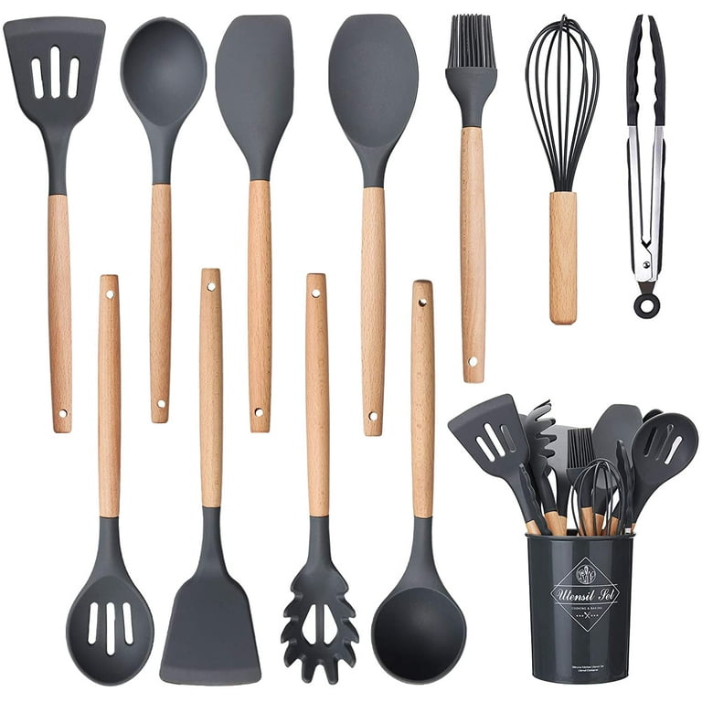 Cooking Utensils Wooden Kitchen Utensil Set 12 Pcs Kit Nonstick Bpa Free  Scratch Resistant And Heat Resistant Quality Silicone 