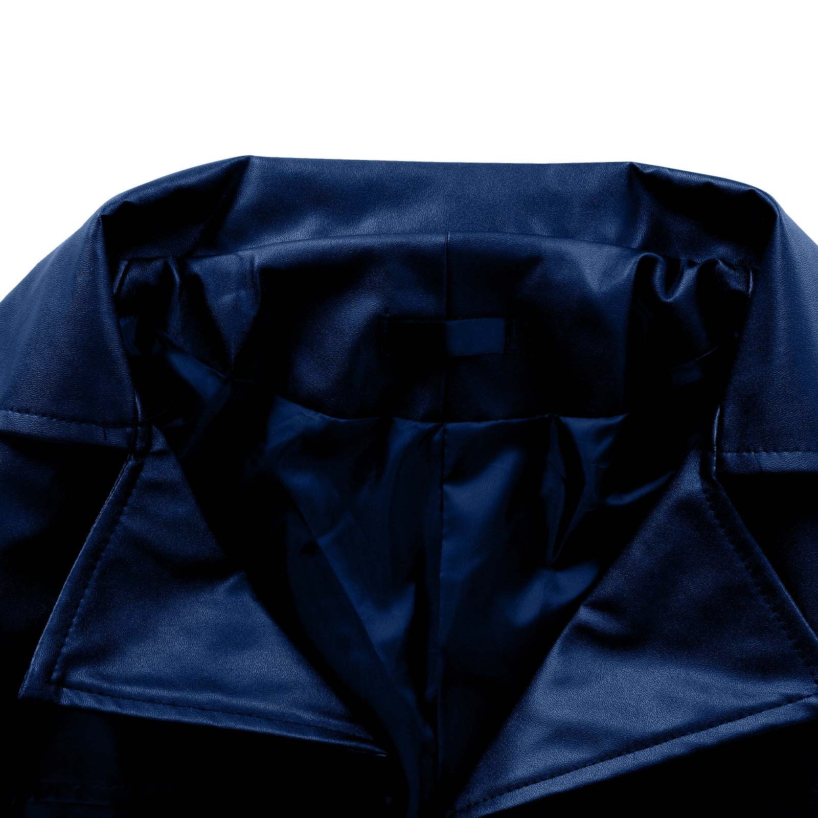 VSSSJ Mens Long Trench Coat Long PU Leather Jacket Faux Leather Long Sleeve Single Breasted Lapel Collar Fashion Mid Long Pu Jacket Outerwear Dark Blue XXXXL