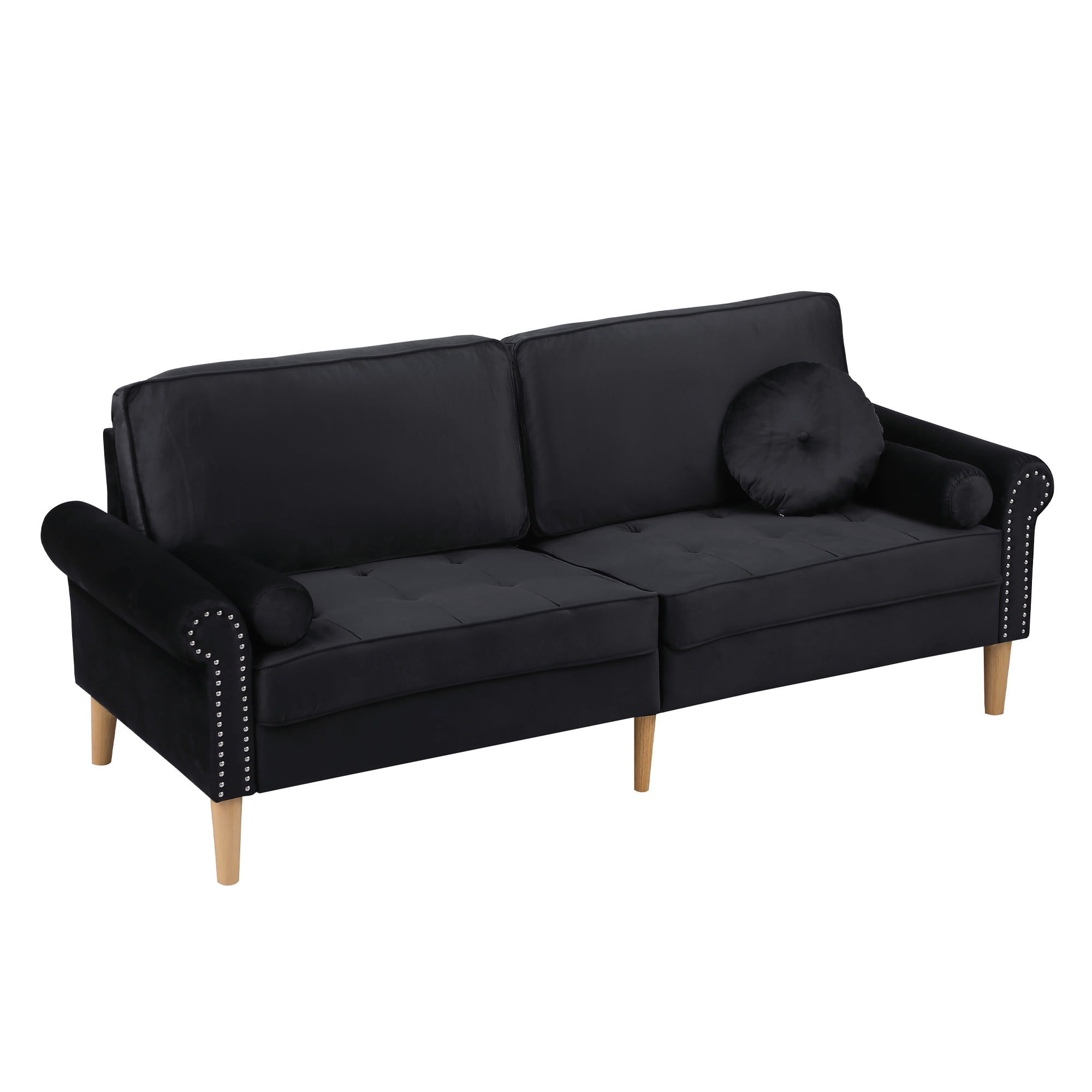 Aukfa 77.2" Sofa Couch, 3-Seater Sofa with Copper Nail and 3 Pillows, Velvet Loveseat for Living Room - Black