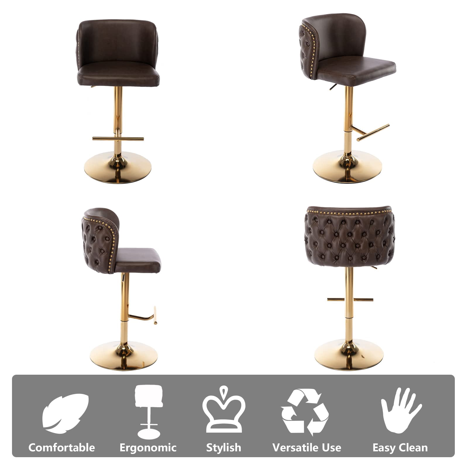 DONICK Swivel Counter Height Barstools,Upholstered Bar Stools Adjustable Height Nailhead Button Tufted Kitchen Island (PU,Brown,Set of 6)