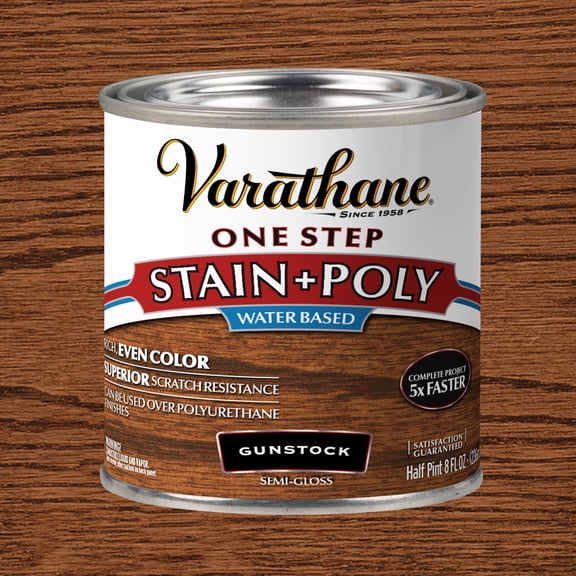 Gunstock, Varathane One Step Interior Wood Stain   Polyurethane, Semi-Gloss -384365, Half Pint