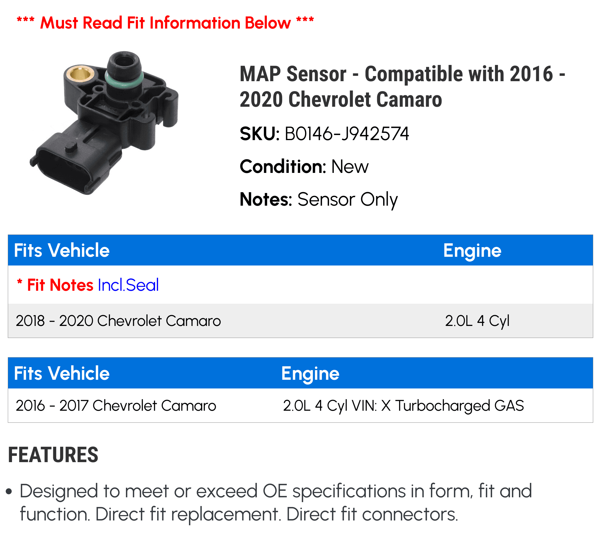 MAP Sensor - Compatible with 2016 - 2020 Chevy Camaro 2017 2018 2019