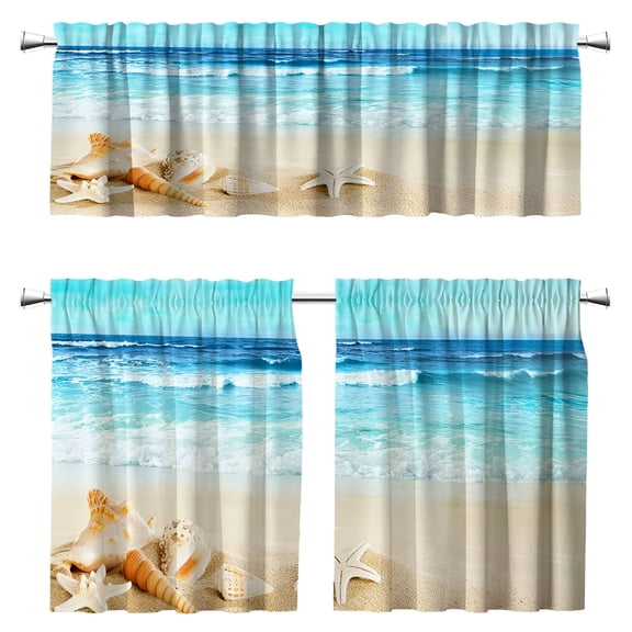 AUQ 3 Piece Kitchen Curtains and Valances Set, Coastal Beach Floral Window Treatments, Blue Farmhouse Cafe Tier Curtains for Dining Room, 52 Inch