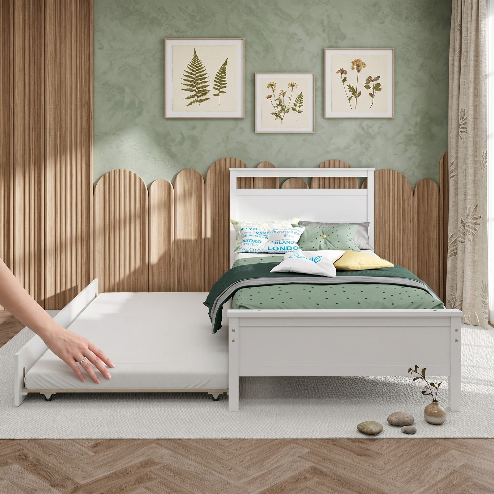 Furnibear Twin Bed Frame Wood Platform Bed with Roll-Out Trundle and Plank Headboard for Kids and Guest Bedroom, White