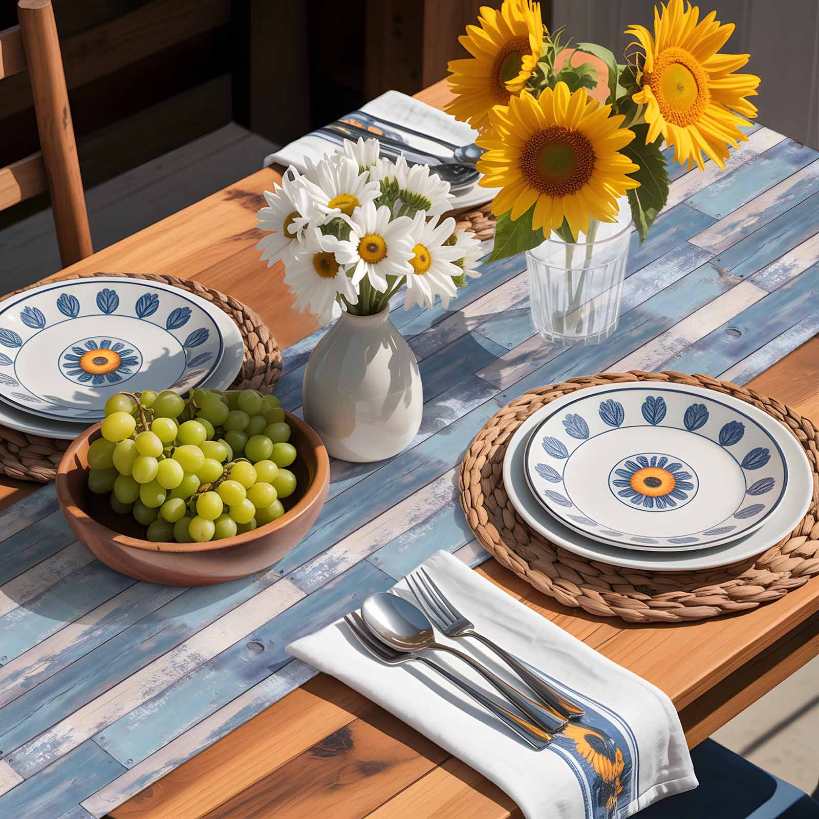 Blue Vintage Wood Grain Table Runner 90 Inches Long, Abstract Farmhouse Wooden Table Runners Tabletop Scarf Kitchen Dining Tables Decoration for Home Party Indoor Outdoor