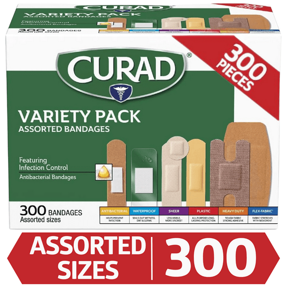 Curad Variety Pack Flexible, Waterproof & Antibacterial Adhesive Bandages, Multicolor, Assorted, 300 Count