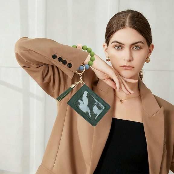 Keychain Bracelet Wristlet, Silicone Beaded Key Ring Bracelet with Card Wallet, Elastic Keyring Bangle for Womens （Green）