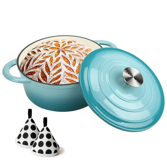 Enameled Cast Iron Dutch Oven with Lid, 3 Quart Heavy Duty Cookware Pot with Dual Handles for Bread Baking, Braising, Stews, Roasting and Oven Safe, Teal