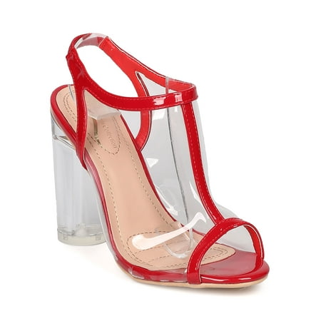

Elegant Collection Women Lucite Peep Toe Patent Transparent Cylindrical Chunky Heel Slingback Mule GE47