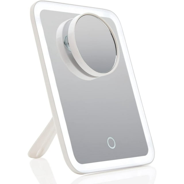 Fancii Rechargeable LED Travel Makeup Mirror with 3 Color Settings - Detachable 10x Magnifying Mirror, Dimmable Touch Light, Adjustable Kickstand, Lighted Portable Vanity Mirror (Aura Go 2)