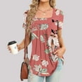 thumbnail image 2 of Floral Printed Tops for Women Square Neck Pleated Short Sleeve Shirts Summer Fashion Casual Loose Fit Blouses (XL, Red), 2 of 5