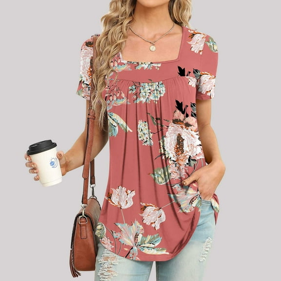 Vivianyo HD Women Top Clothes Plus Size Women Fashion Printed Casual V-Neck Short Sleeve Loose T-Shirt Blouse Tops Flash Picks Red