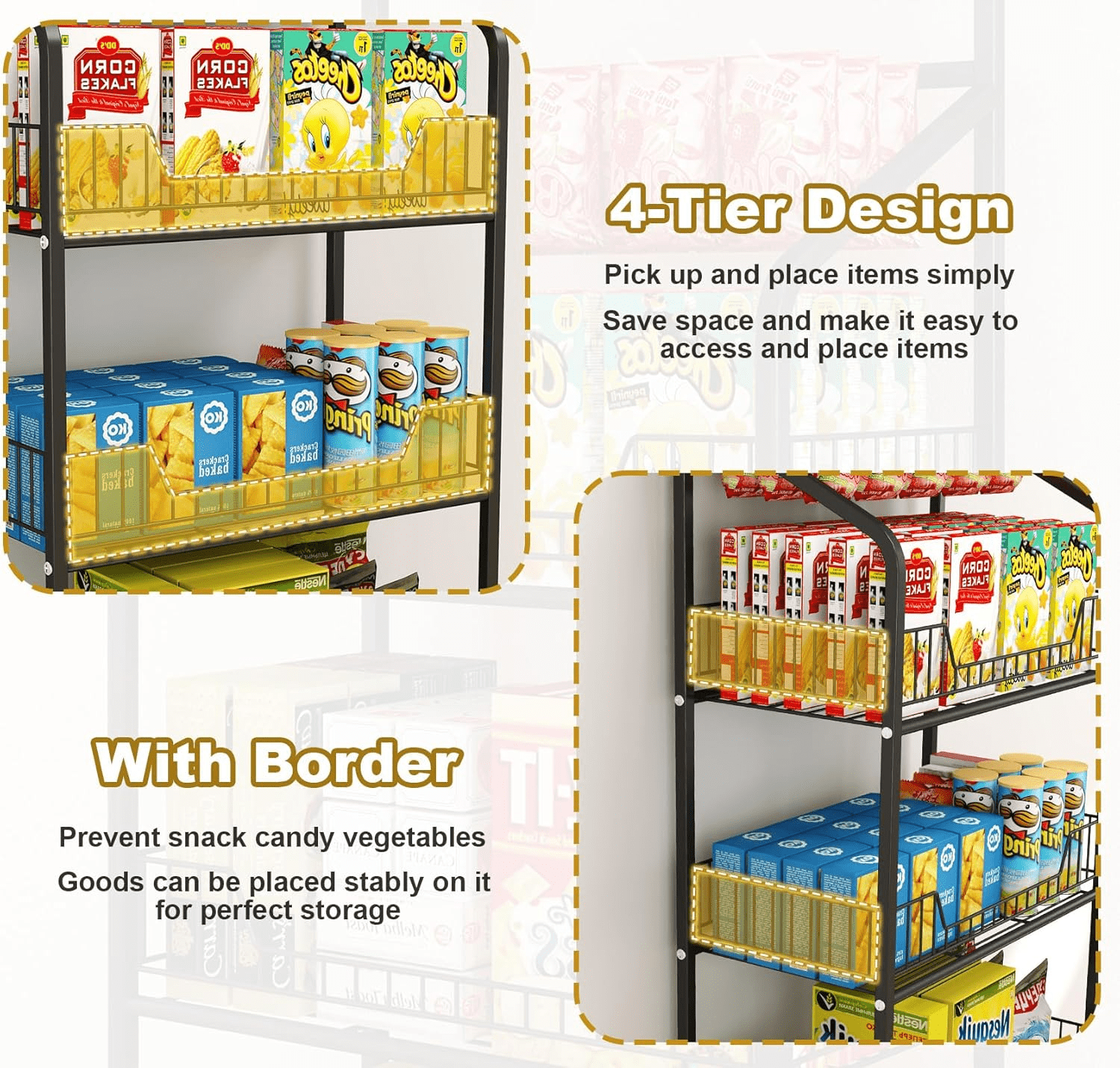 IAJXWI Heavy-duty 4 Tier Retail Display Rack, Metal 56.3" Height Storage Shelf, Candy Snack Rolling Display Shelves with 10 hooks