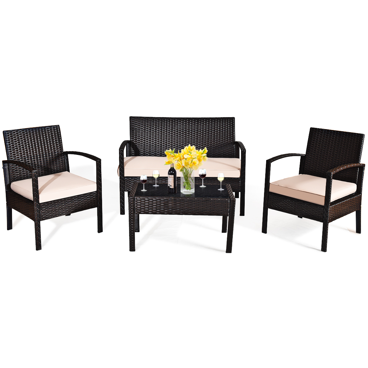 Patiojoy 4PCS Conversation Wicker Set Patio Rattan Table&Cushioned Chair - image 2 of 5