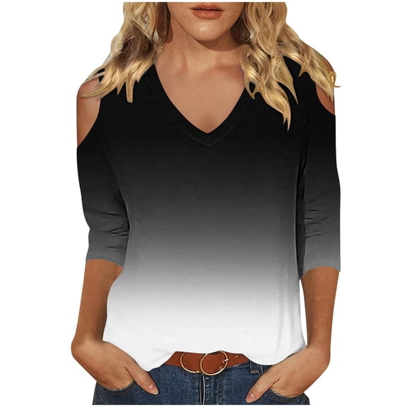 jobturf Womens Summer Tops $5 Casual 3/4 Sleeve Cold Shoulder T-Shirts Loose Fit V Neck Cute Tunic Tops Basic Tees Blouses Pullover