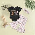 thumbnail image 2 of Xudanell Summer Outfits for Girls Cow Print Baby Girl Short Sleeve Romper Flared Bell Bottom Pants Bow Set Black 0-3 Months, 2 of 6