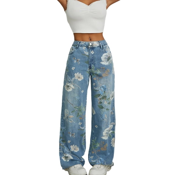 LMLYSoH Women's Floral Print Denim Pants Lightweight Mid Waist Loose Wide Leg Jeans Trousers
