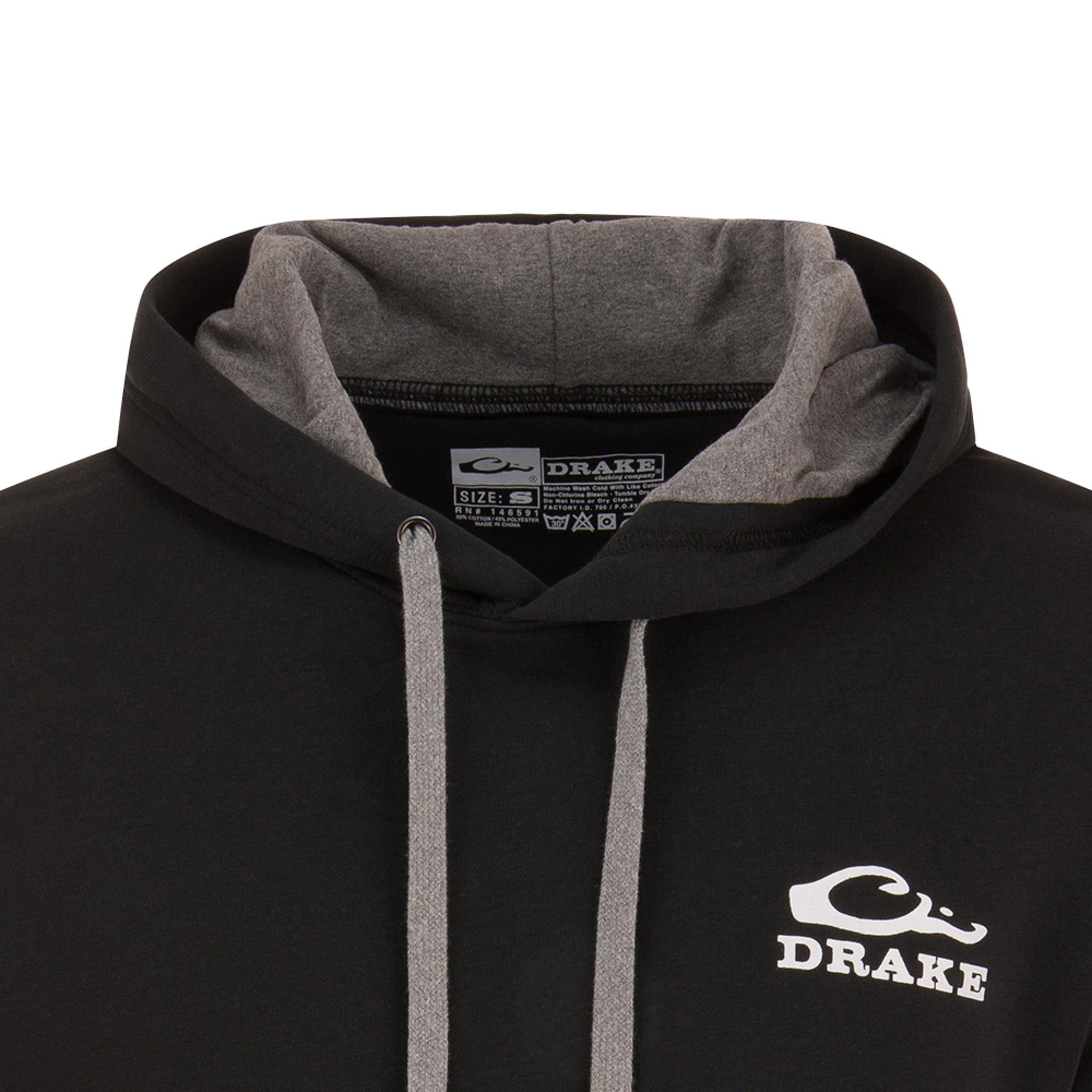 Drake Waterfowl Men's Logo Hoodie ? Midweight Cotton-Poly Fleece Pullover with Jersey-Lined Hood, Black, X-Large