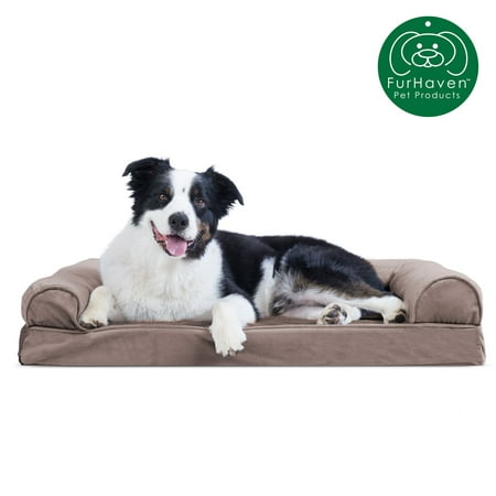 FurHaven Pet Products | Cooling Gel Memory Foam Orthopedic Faux Fur & Velvet Sofa-Style Couch Pet Bed for Dogs & Cats, Driftwood Brown, Large
