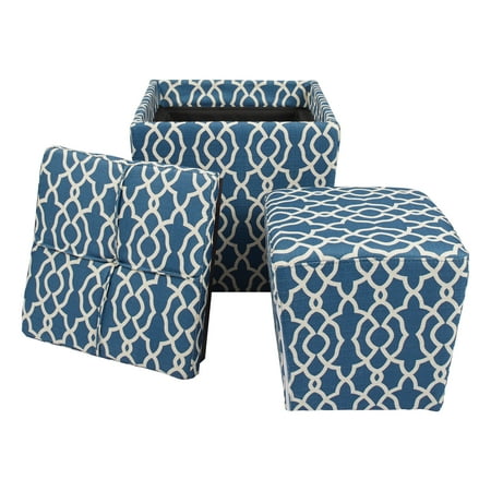 Peace Ottoman - OSP Designs 2 Piece Ottoman Set with Tray Top in Abby Geo Blue Fabric