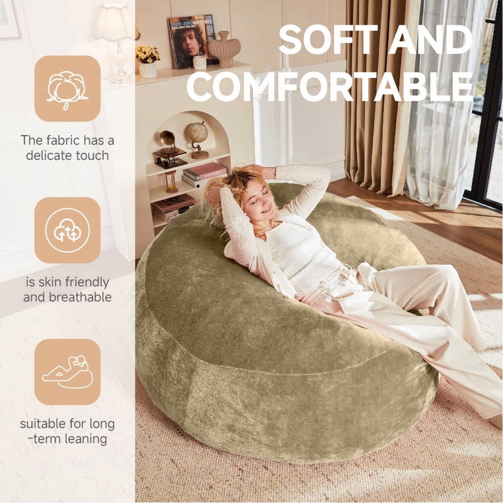 Bean Bag Chair, 5FT Memory Foam Filling Adult and Teen Sofa Chair, Soft Round Sofa with Removable Flannel Cover, for Living Room Bedroom and Dorm, Khaki