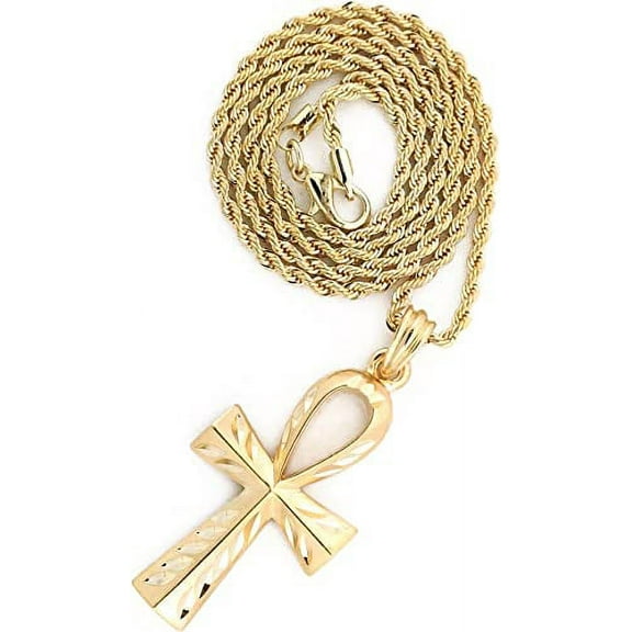 Gold Tone Men Brush Matt The Ankh Cross Pendant Necklace 24" Rope chain,