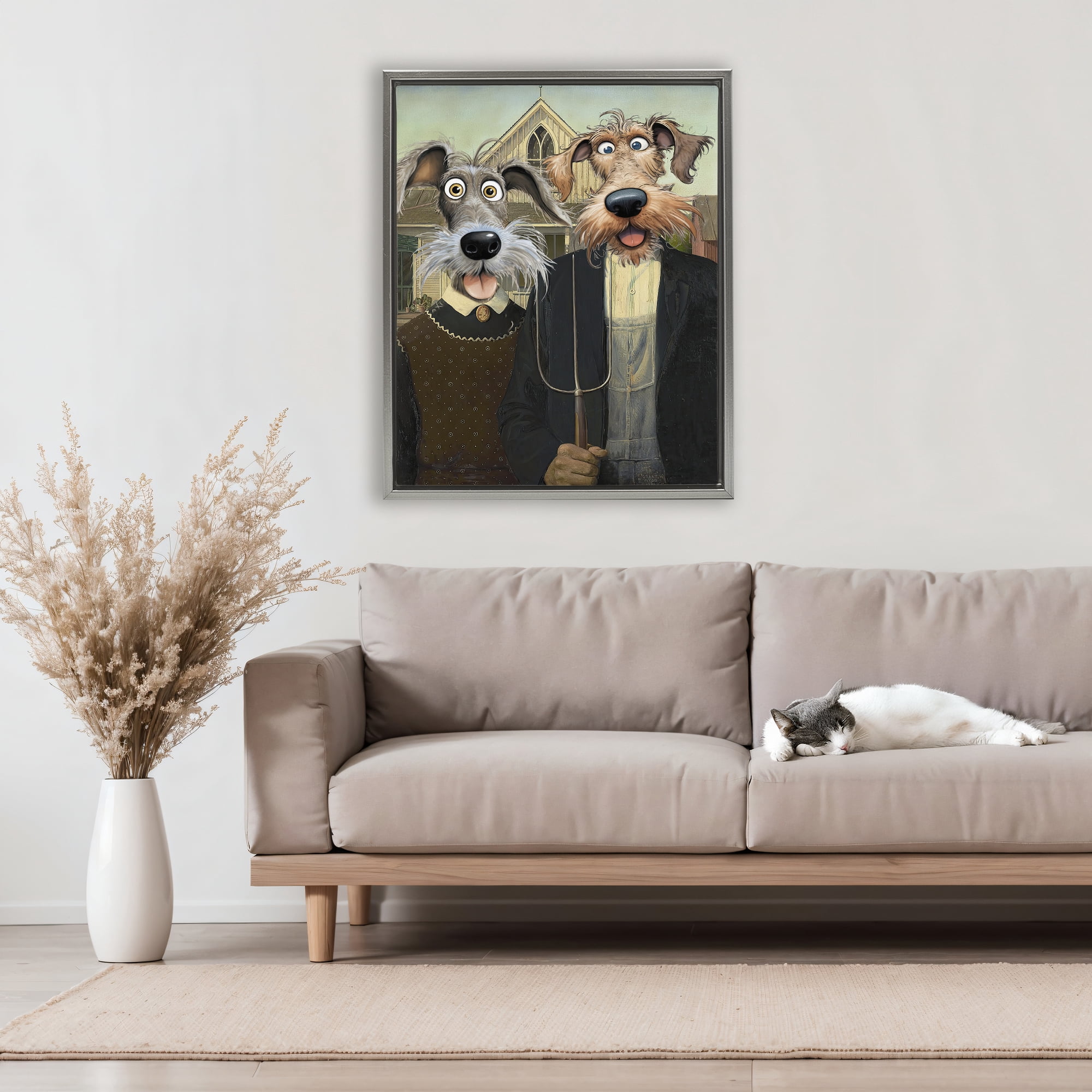 Stupell Industries American Gothic Pups Gray Framed Floater Canvas Wall Art, design by Tina LeCour