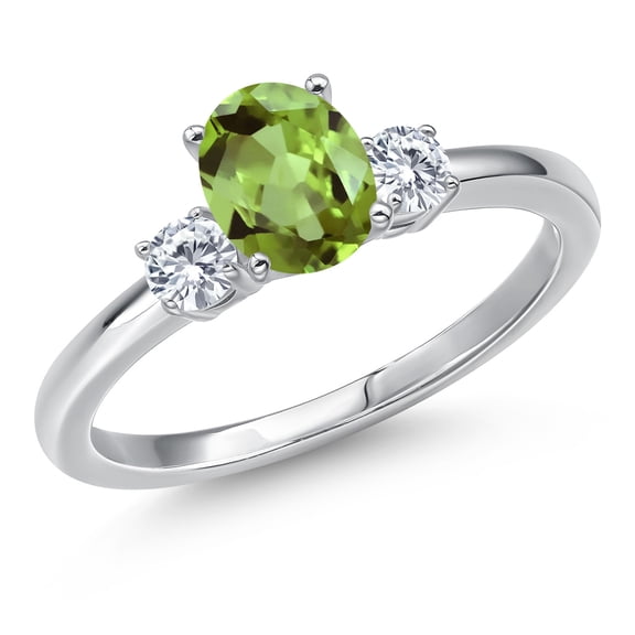 Gem Stone King 14K White Gold Green Peridot and Moissanite Engagement Ring for Women | 1.10 Cttw | Oval 7X5MM | Gemstone August Birthstone | Size 8