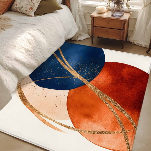 2.7x5 Area Rugs, Navy Blue Burnt Orange Non-Skid Rubber Backing Large Rectangle Rugs - Living Room Bedroom Home Office, Geometric Modern Boho Art Indoor Floor Mat Carpets Washable Rug